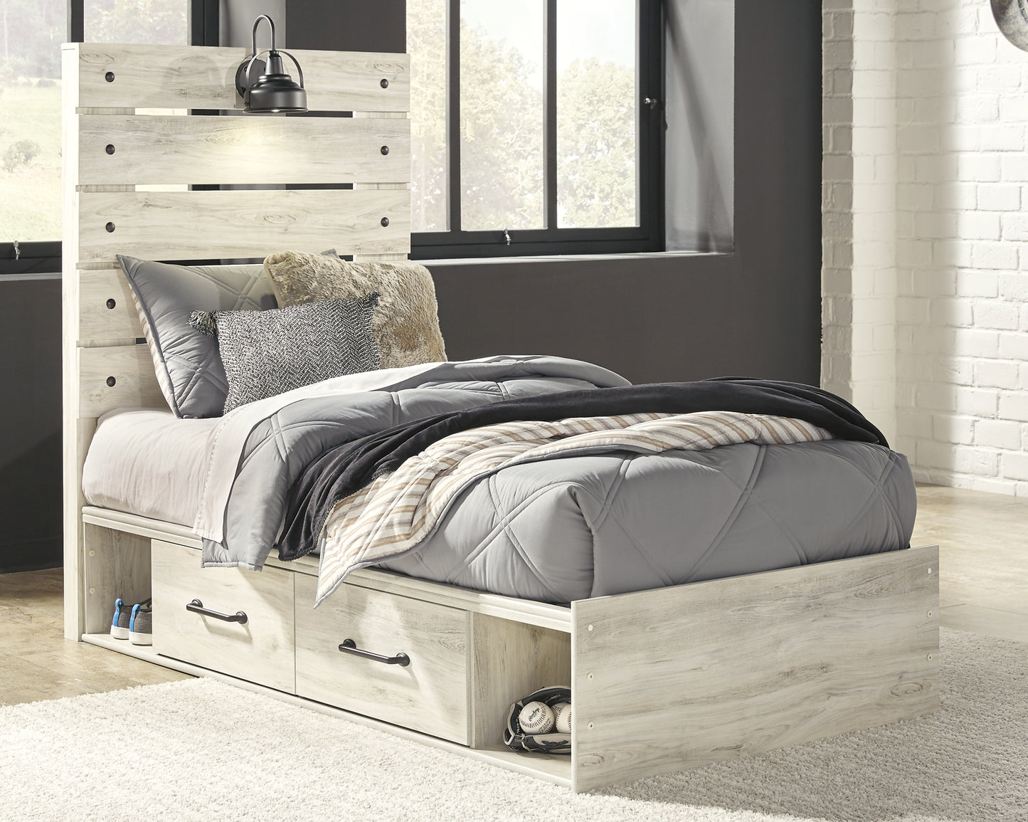 Cambeck Panel Bed With 4 Storage Drawers With Mirrored Dresser And 2 Nightstands