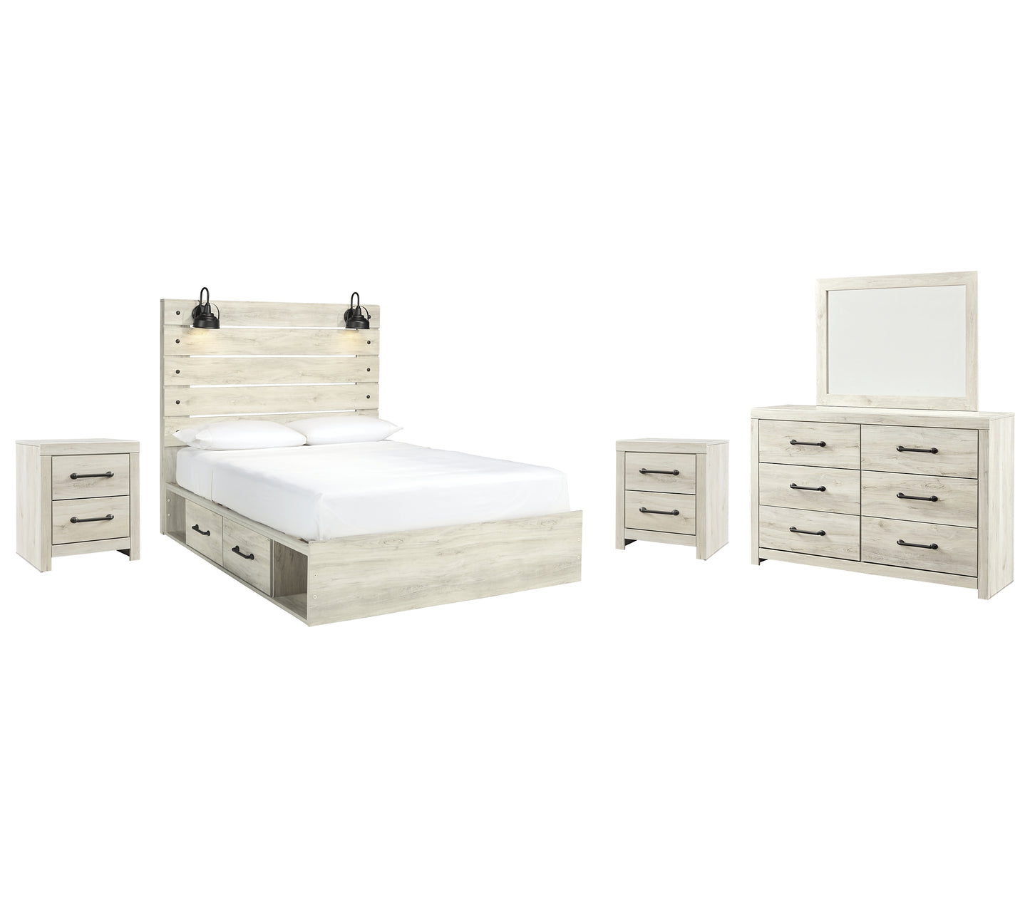 Cambeck Panel Bed With 4 Storage Drawers With Mirrored Dresser And 2 Nightstands