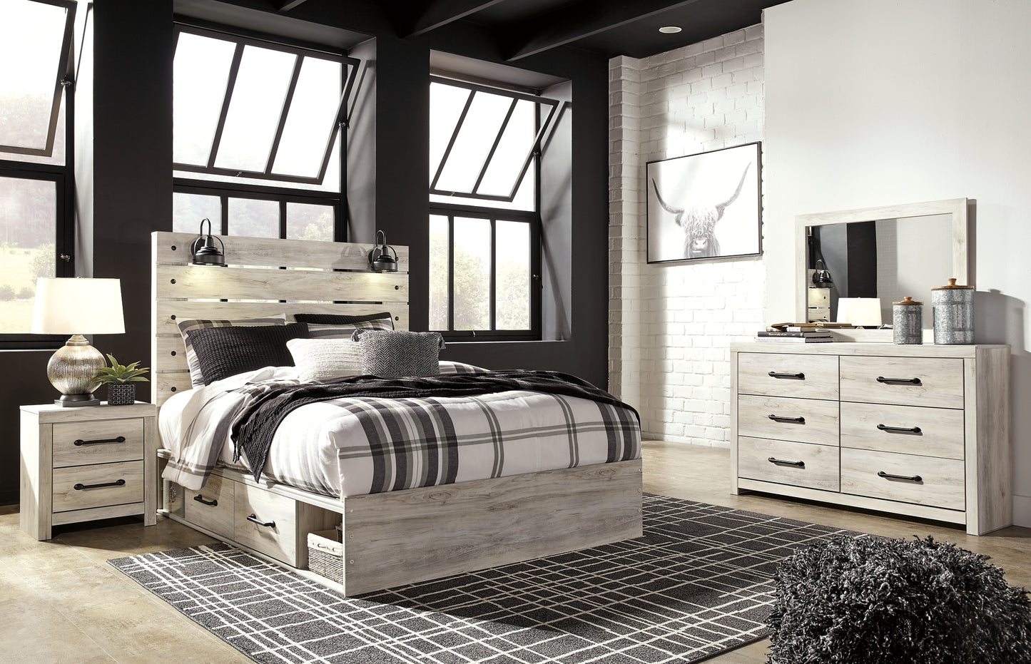 Cambeck Panel Bed With 4 Storage Drawers With Mirrored Dresser And 2 Nightstands