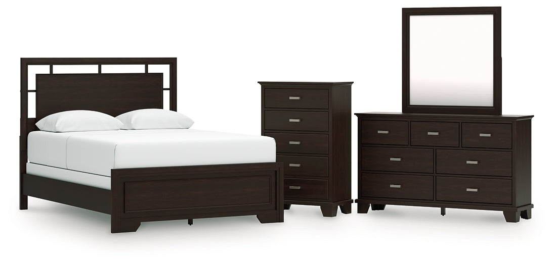 Covetown Queen Panel Bed with Mirrored Dresser and Chest