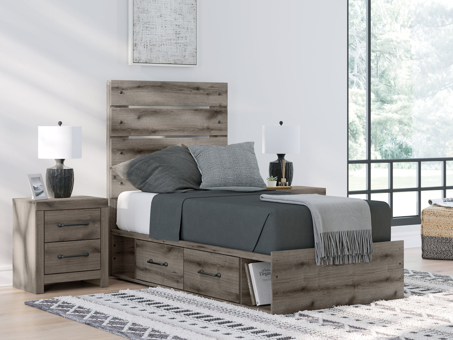 Graystorm Twin Panel Storage Bed with Mirrored Dresser, Chest and Nightstand