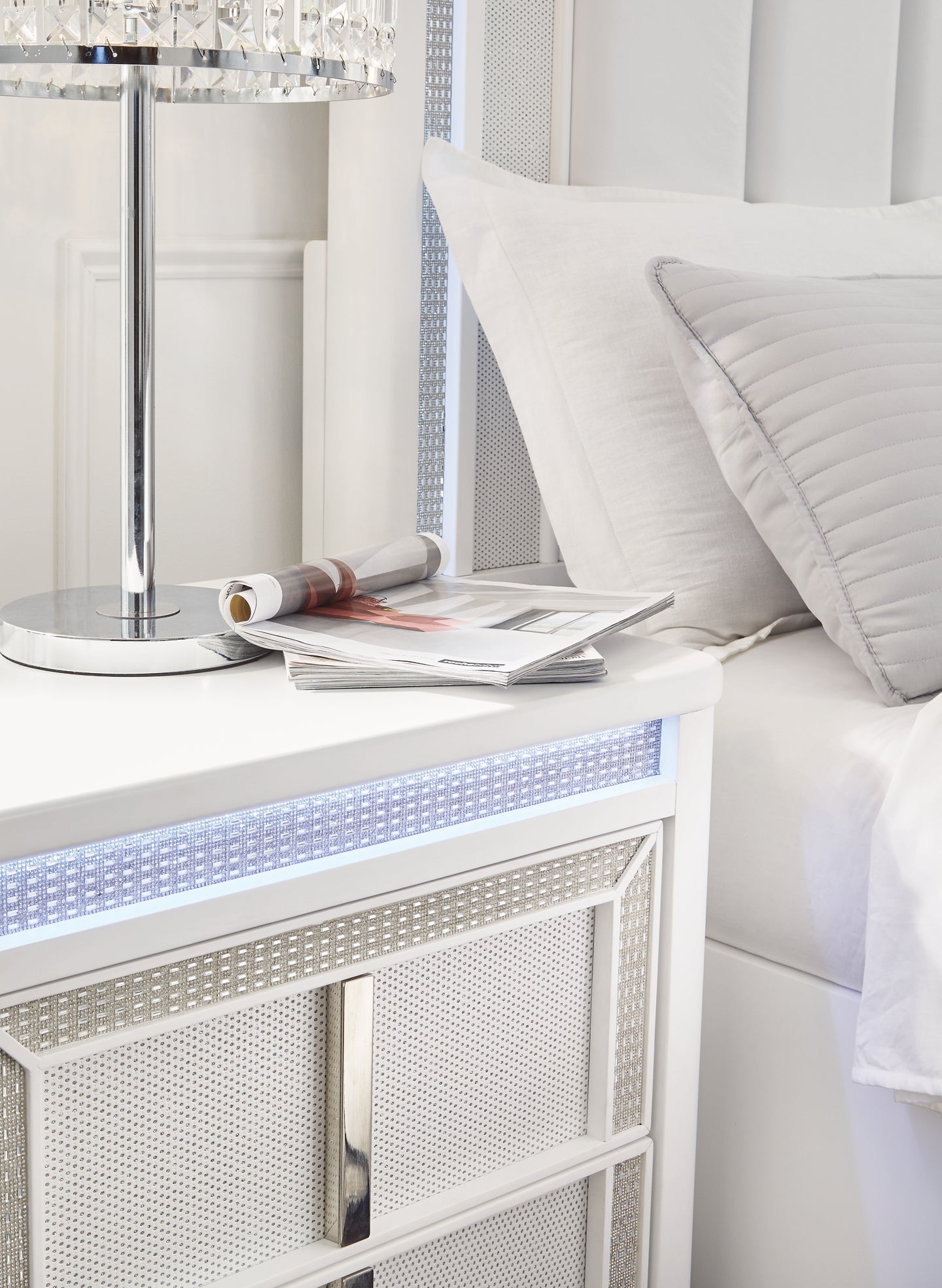 Chalanna California King Upholstered Storage Bed with Mirrored Dresser and Nightstand