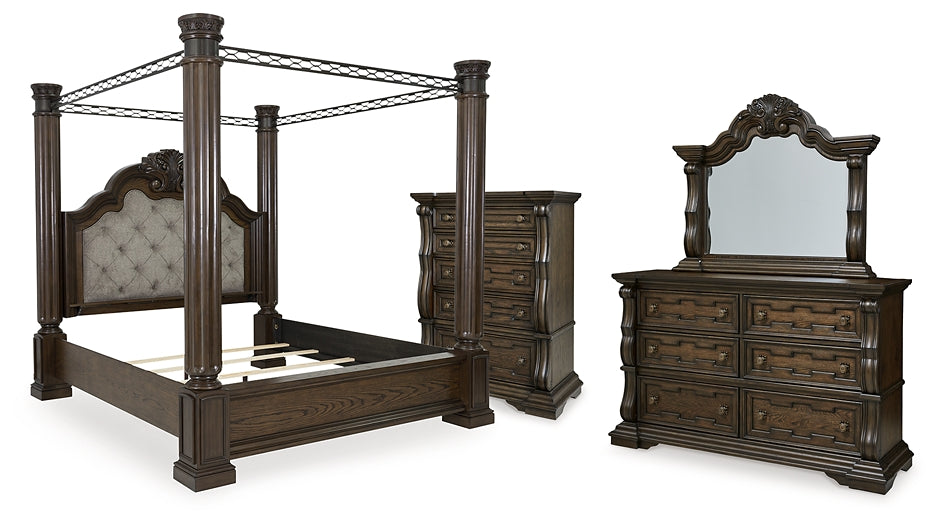 Maylee King Canopy Bed with Mirrored Dresser and Chest