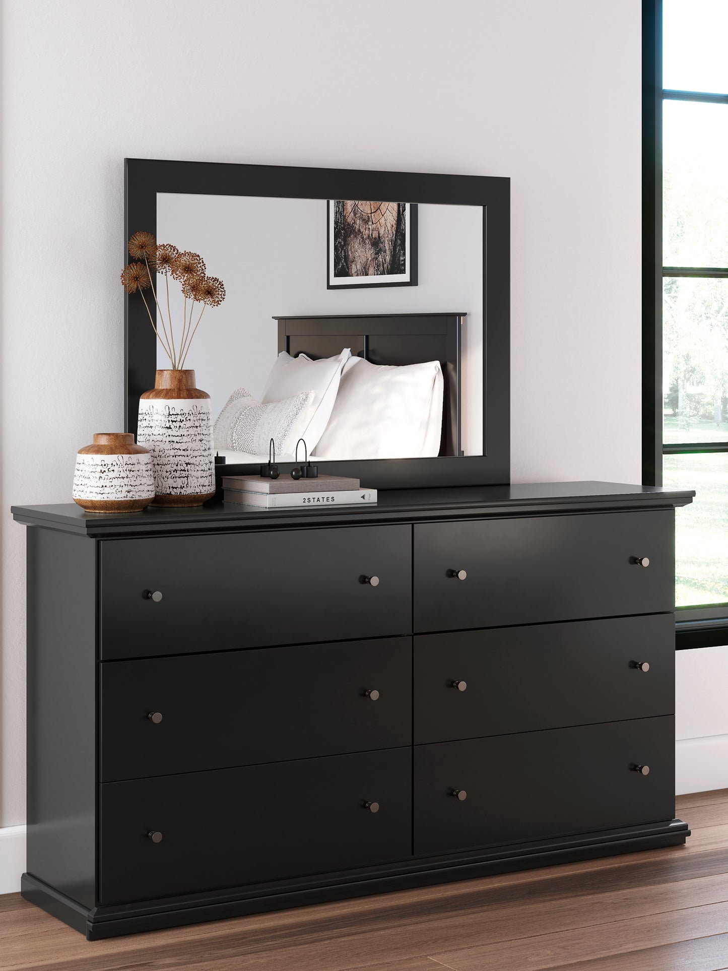 Maribel King Panel Bed with Mirrored Dresser and Chest