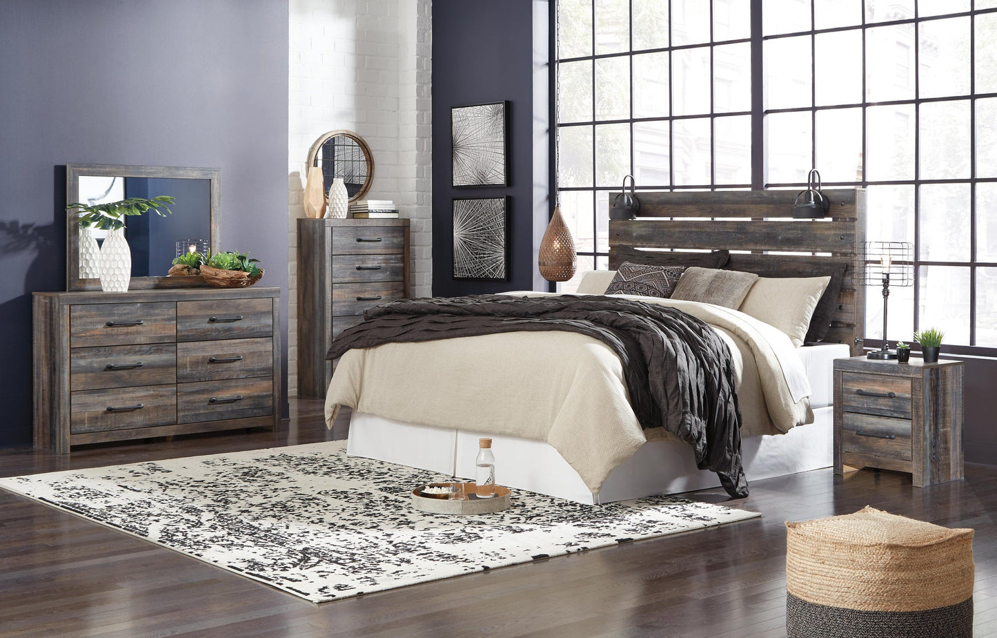 Drystan King Panel Headboard Bed with Mirrored Dresser, Chest and Nightstand