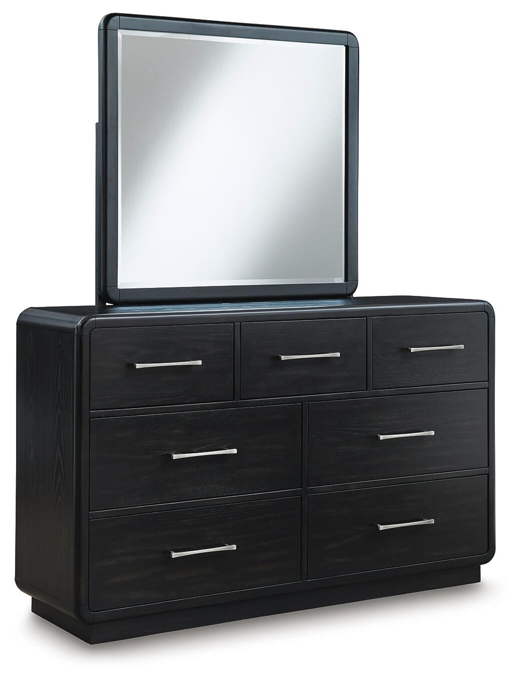Rowanbeck California King Upholstered Panel Bed, Dresser, Mirror and Nightstand