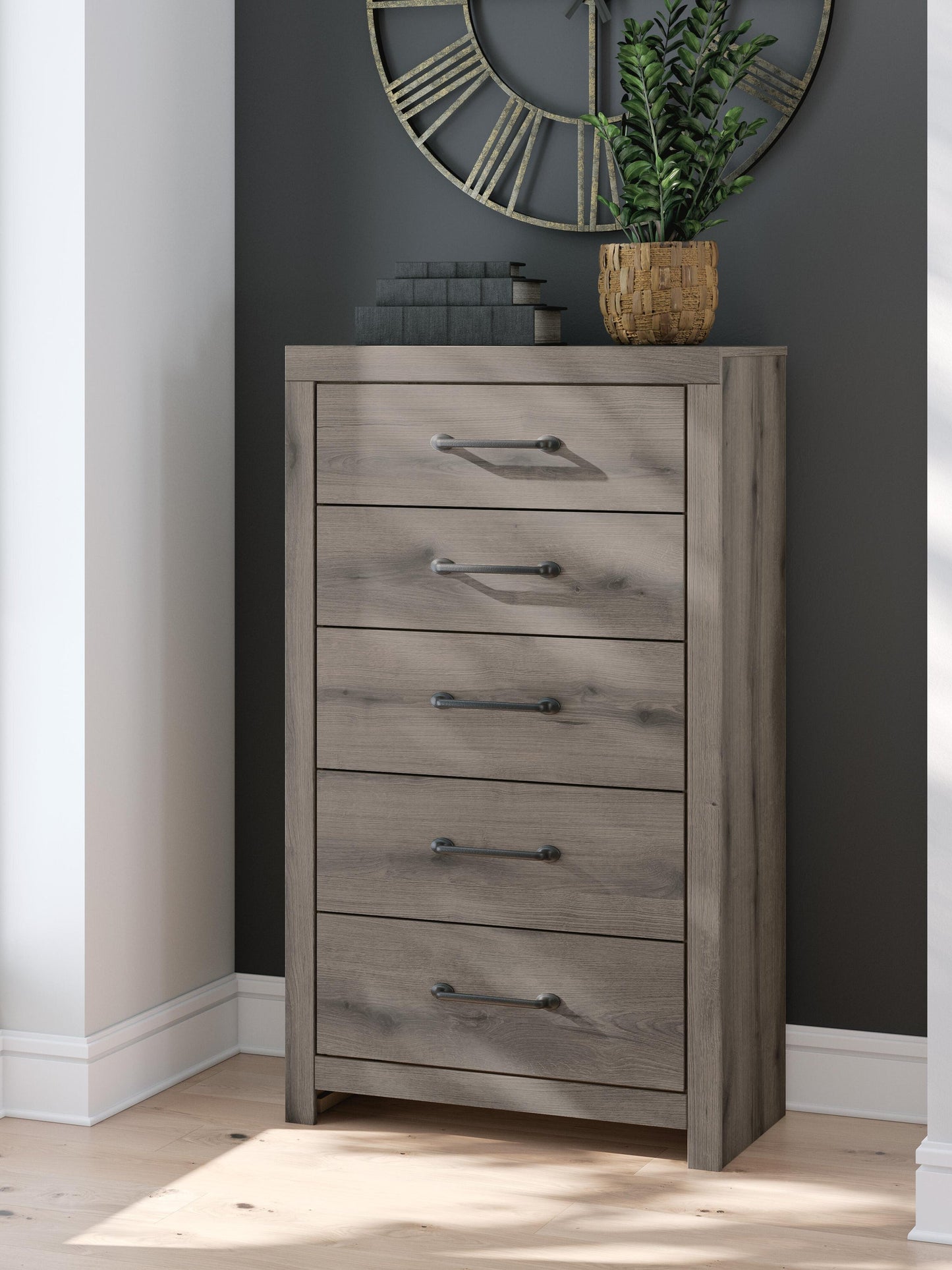 Graystorm Full Panel Storage Bed, Dresser, Mirror, Chest and Nightstand