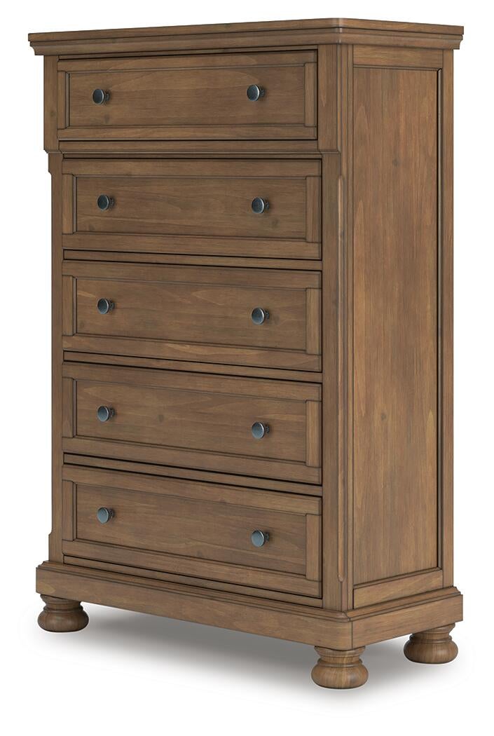 Feddinger California King Panel Bed with Mirrored Dresser, Chest and Nightstand