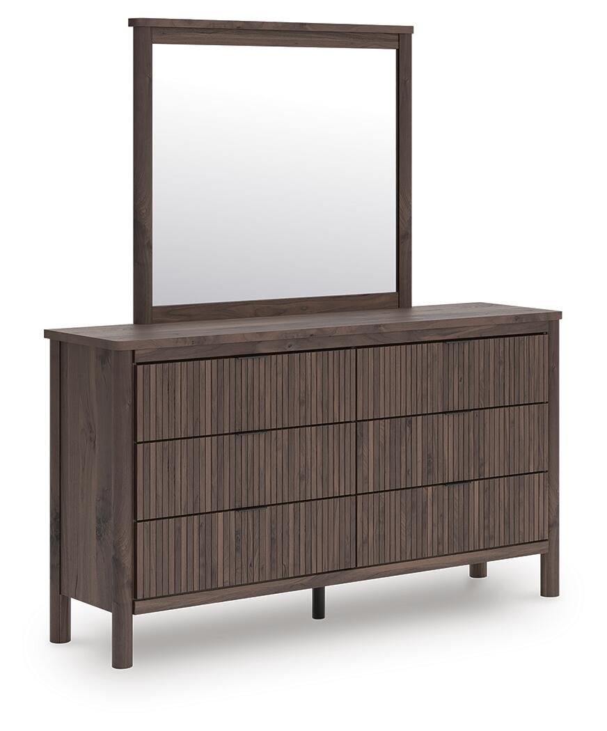 Pamytta Queen Upholstered Panel Platform Bed, Dresser and Mirror