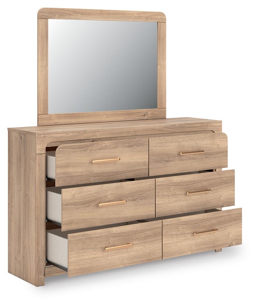 Kinlanni Queen Upholstered Platform Bed, Dresser and Mirror