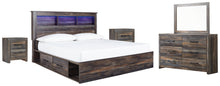 Load image into Gallery viewer, Drystan King Bookcase Bed with 2 Storage Drawers with Mirrored Dresser and 2 Nightstands
