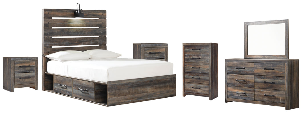 Drystan Twin Panel Bed with 2 Storage Drawers with Mirrored Dresser, Chest and 2 Nightstands